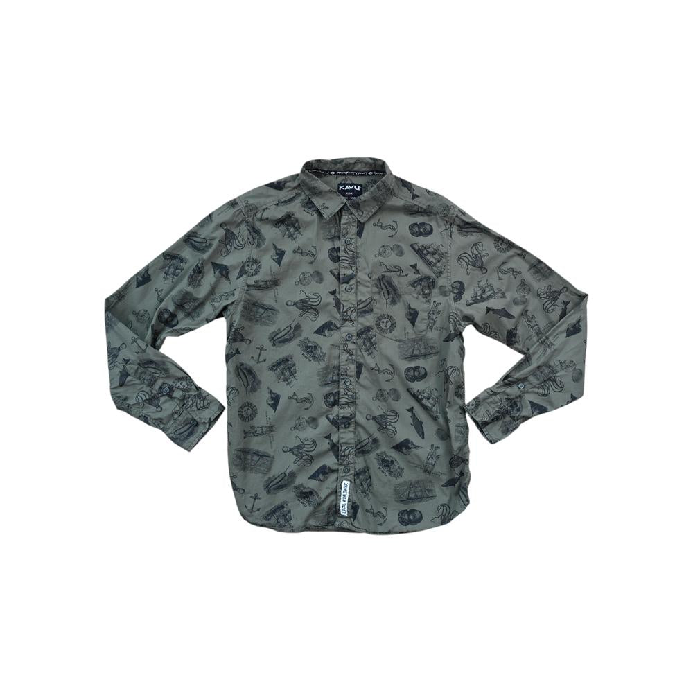 Green cotton long sleeve shirt by Kavu, featuring a pattern with nautical elements.