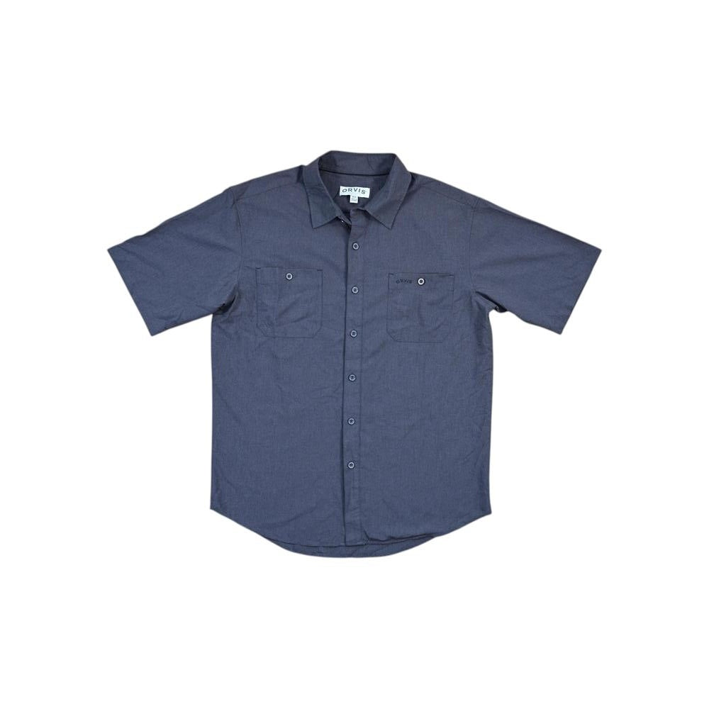 Gray short sleeve shirt by Orvis, with two buttoned breast pockets and a button down front.