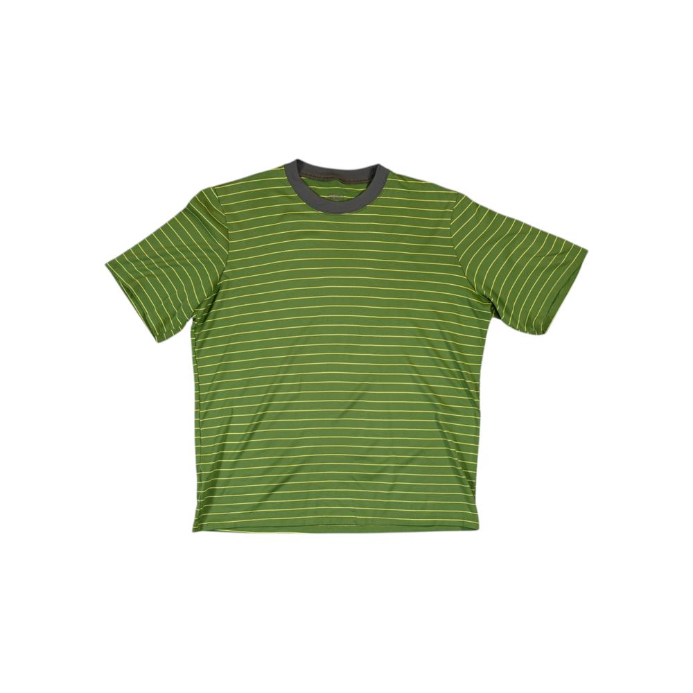 Green striped t-shirt by Patagonia with a gray collar and short sleeves.
