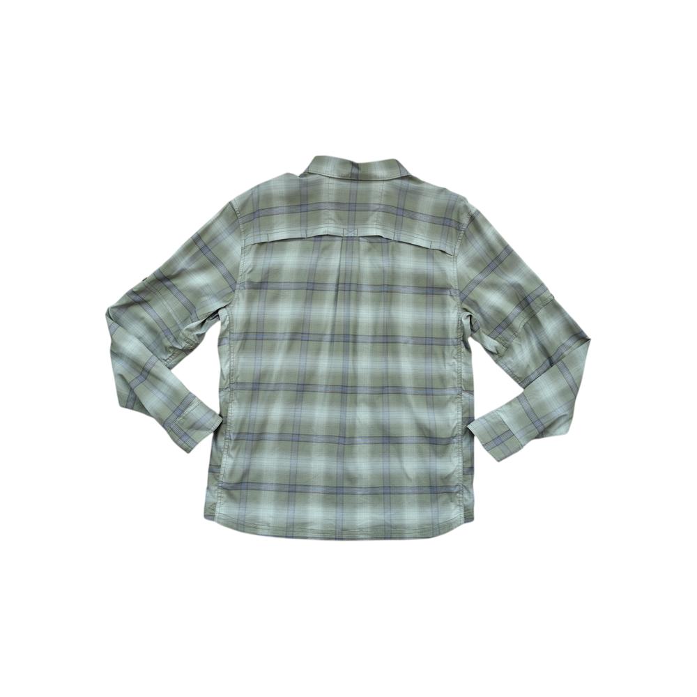 Green plaid hiking shirt by REI, in a back view.