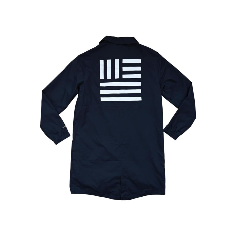 Blue softshell jacket for women by North Face with a graphic on the back.