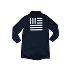 Blue softshell jacket for women by North Face with a graphic on the back.