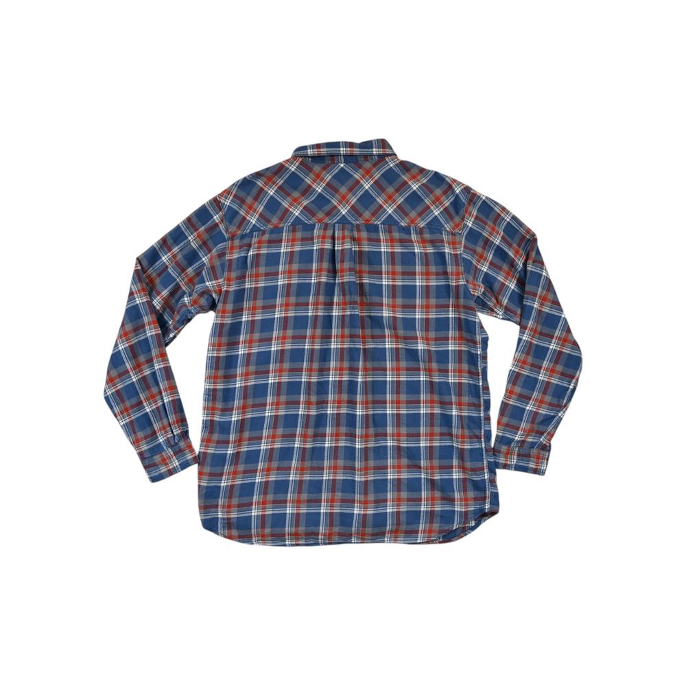 Blue flannel long sleeve shirt by Columbia, with a red and white plaid pattern.
