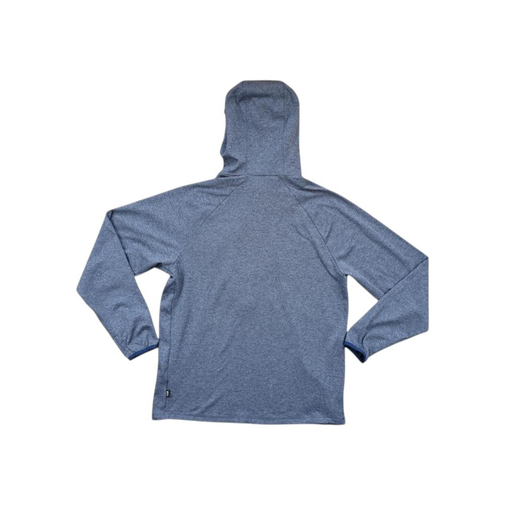 Blue active full-zip hoody for men by REI, shown in back view with a small tag near the bottom.