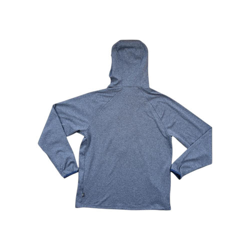 Blue active full-zip hoody for men by REI, shown in back view with a small tag near the bottom.