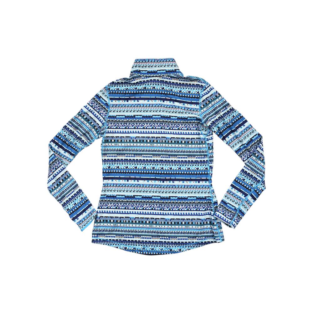 Blue base layer shirt with quarter zip by Nike, featuring a unique horizontal striped pattern.