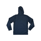 Blue rain shell jacket by Columbia with a hood, back view.
