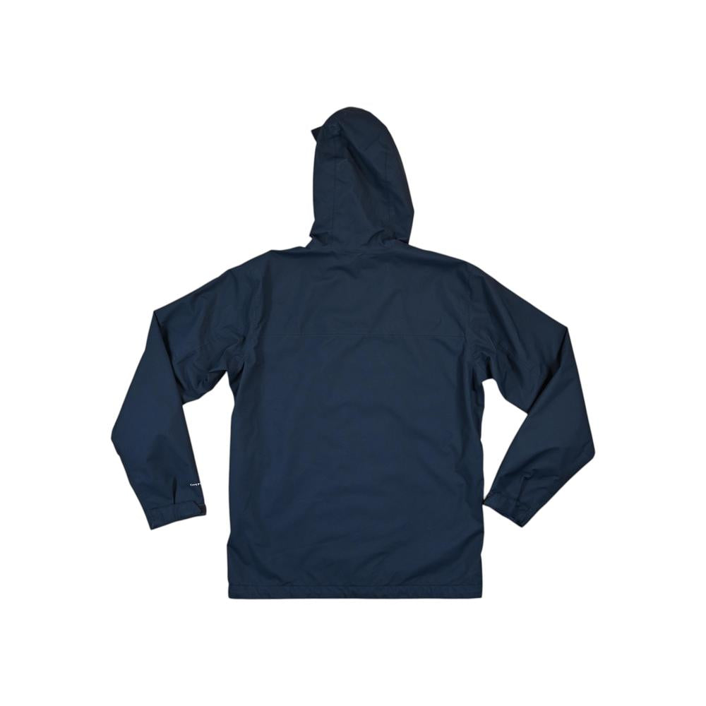 Blue rain shell jacket by Columbia with a hood, back view.
