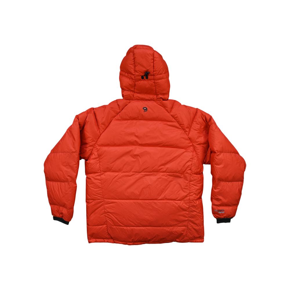 Orange down insulated jacket by Mountain Hardwear, featuring a hood, and visible logo on the back.