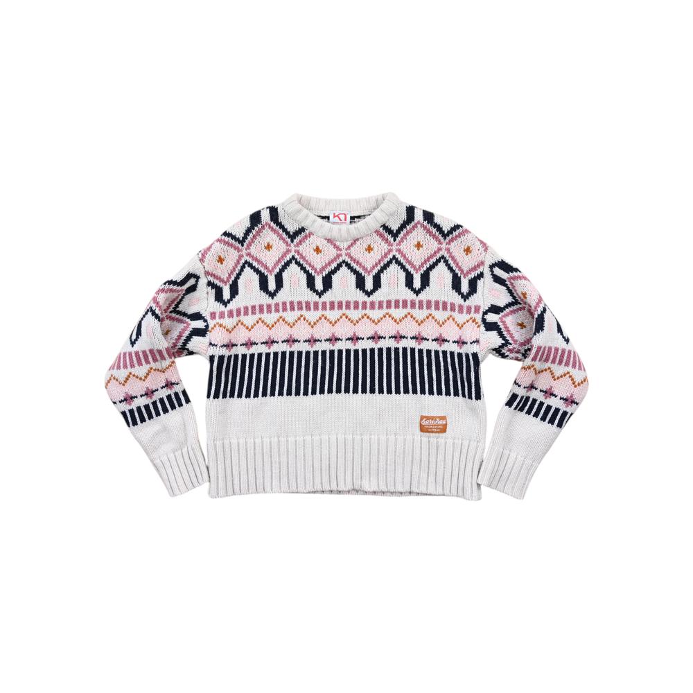 Patterned knit sweater by Kari Traa with zigzag, diamond, and stripe designs.