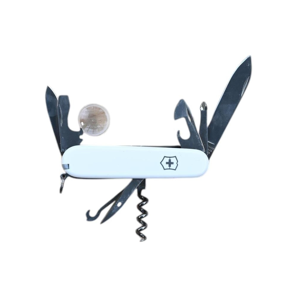 White Swiss Army multi-tool by Victorinox with various tools extended, including a knife blade and corkscrew.