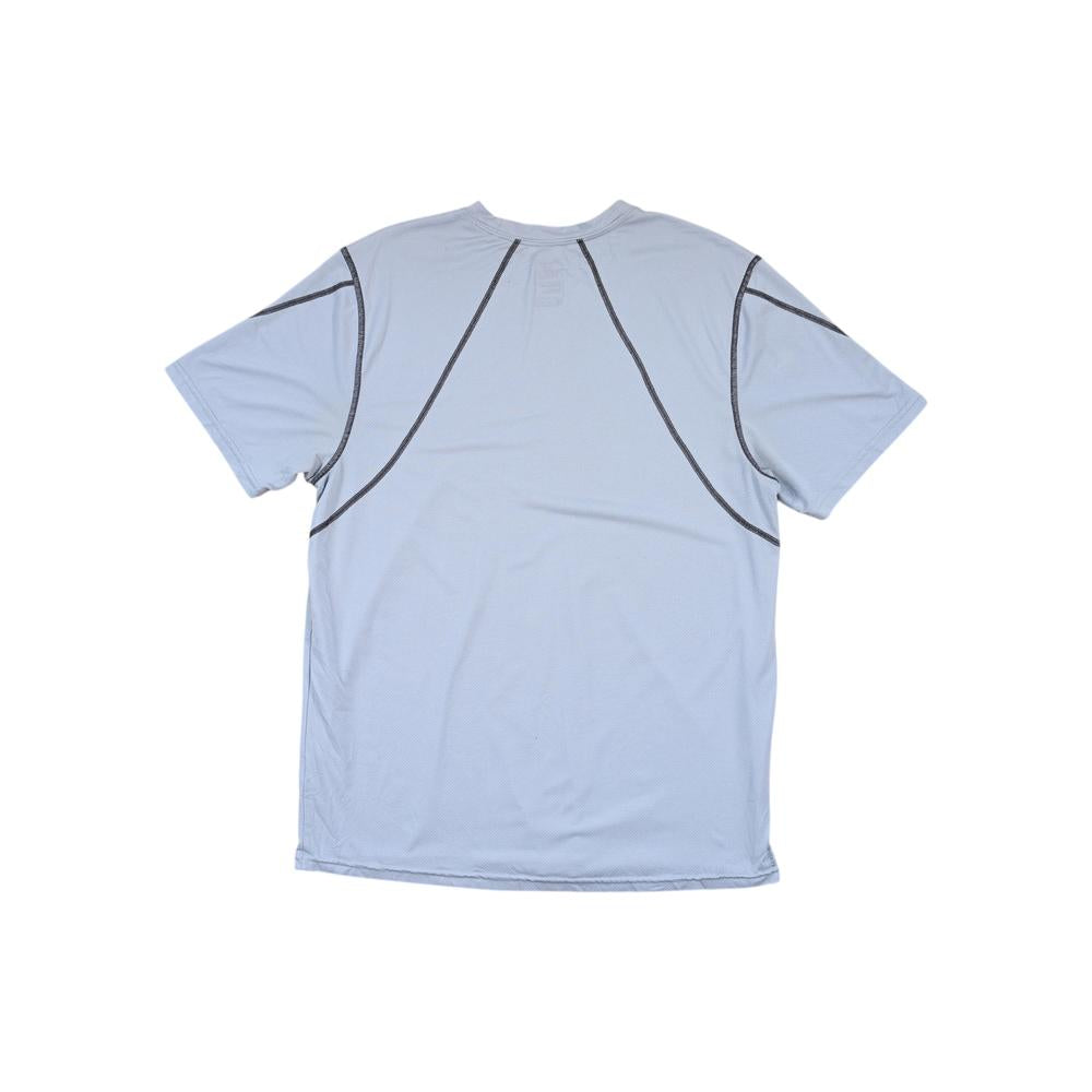 Grey active shirt by North Face, back view with dark trim along seams.