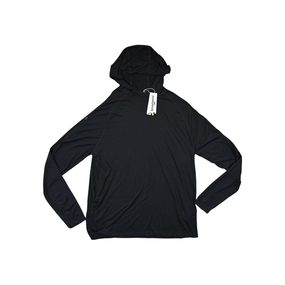Black active hoodie by Smartwool with long sleeves and a hood with a tag attached.