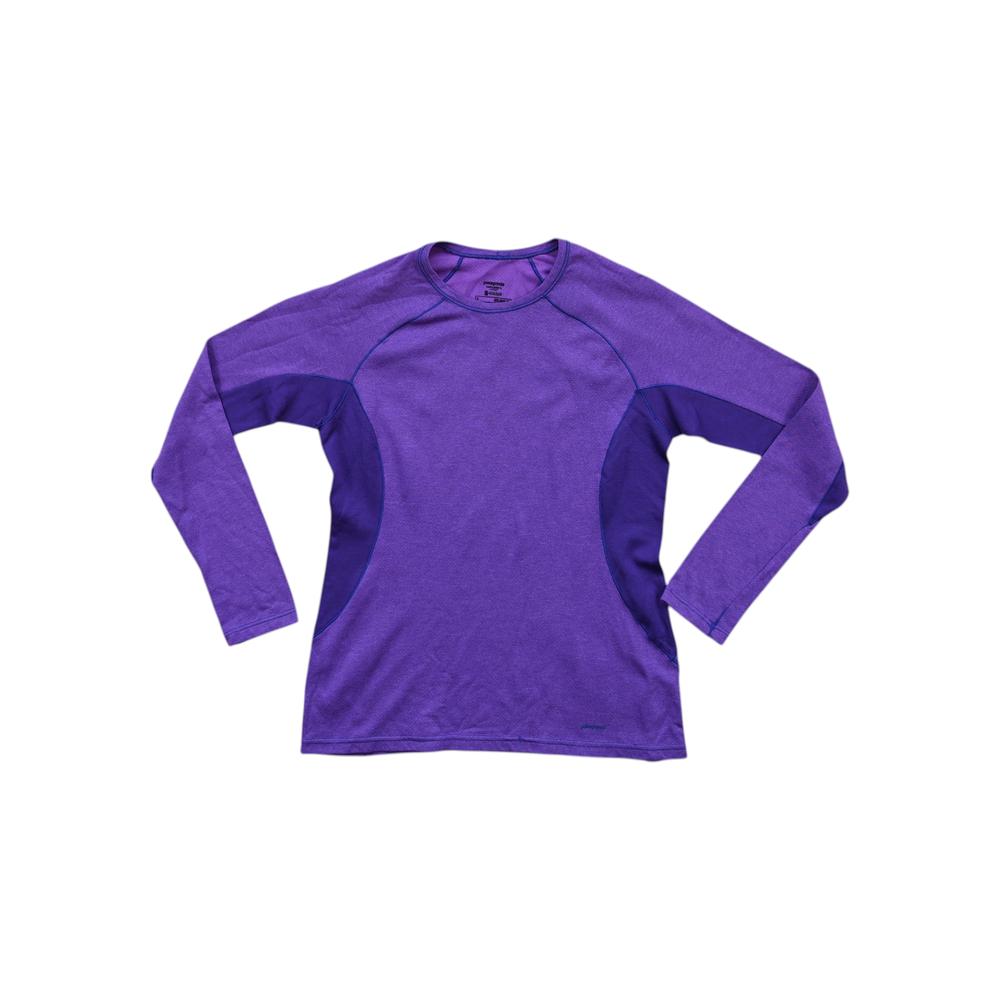 Purple long-sleeve base layer shirt by Patagonia, with contrasting dark purple side panels.