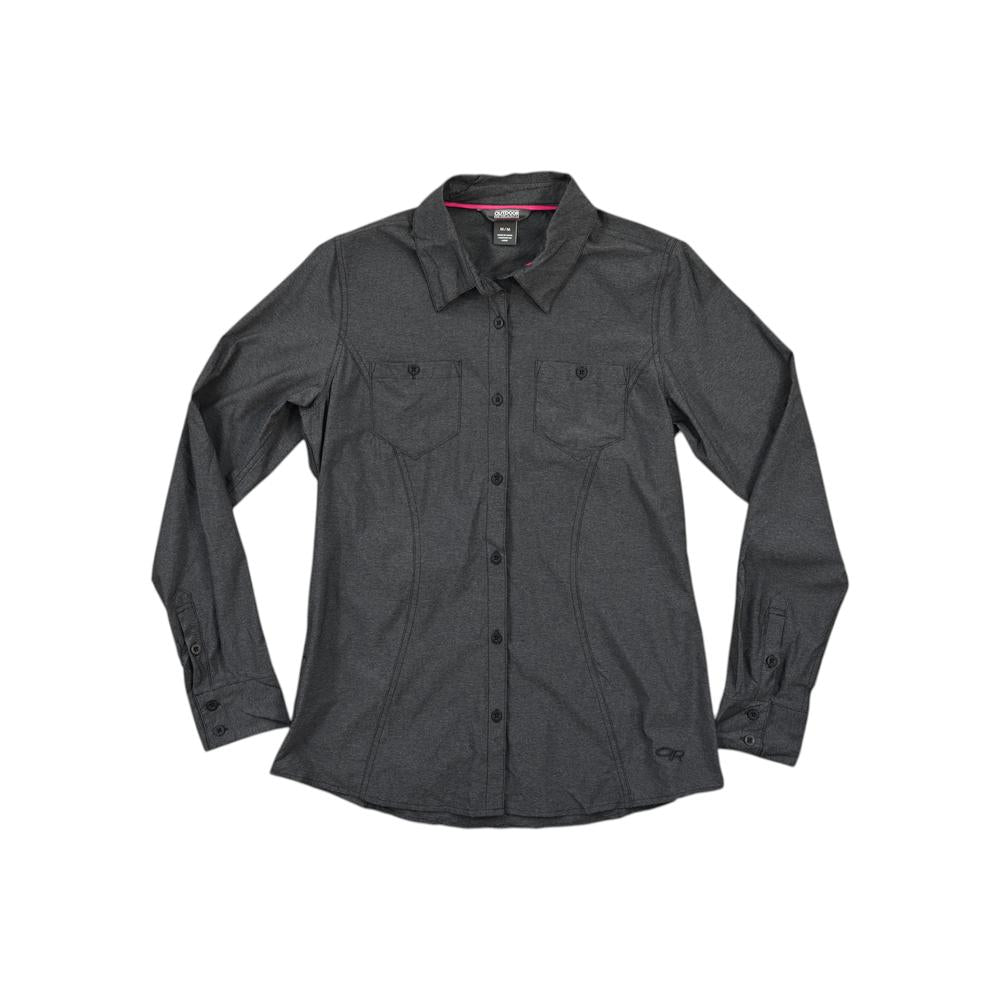 Gray long sleeve shirt by Outdoor Research, featuring two buttoned chest pockets and curved seams.