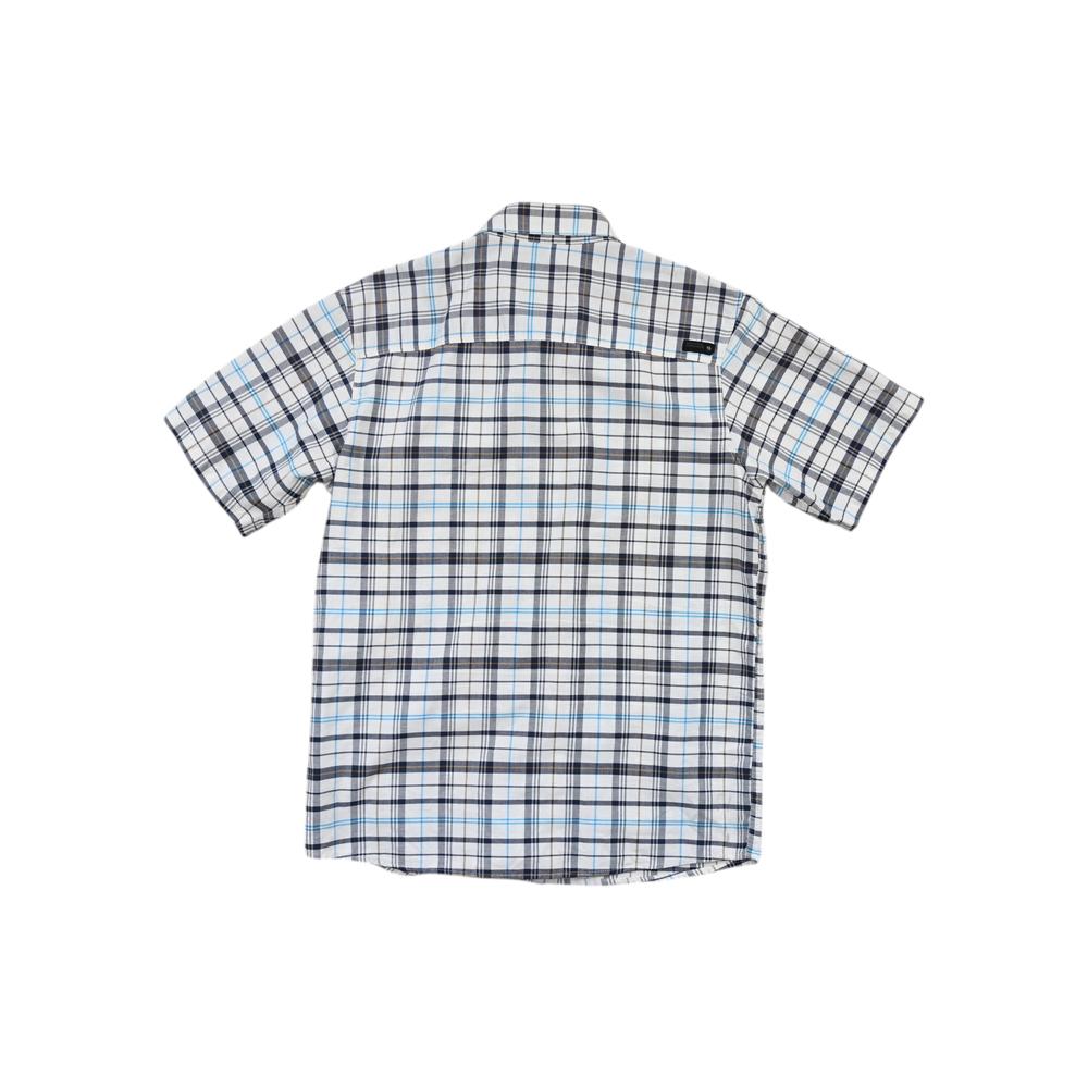 White button up shirt by Mountain Hardwear, with a blue and black plaid pattern.