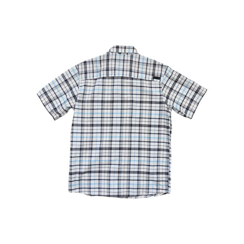 White button up shirt by Mountain Hardwear, with a blue and black plaid pattern.