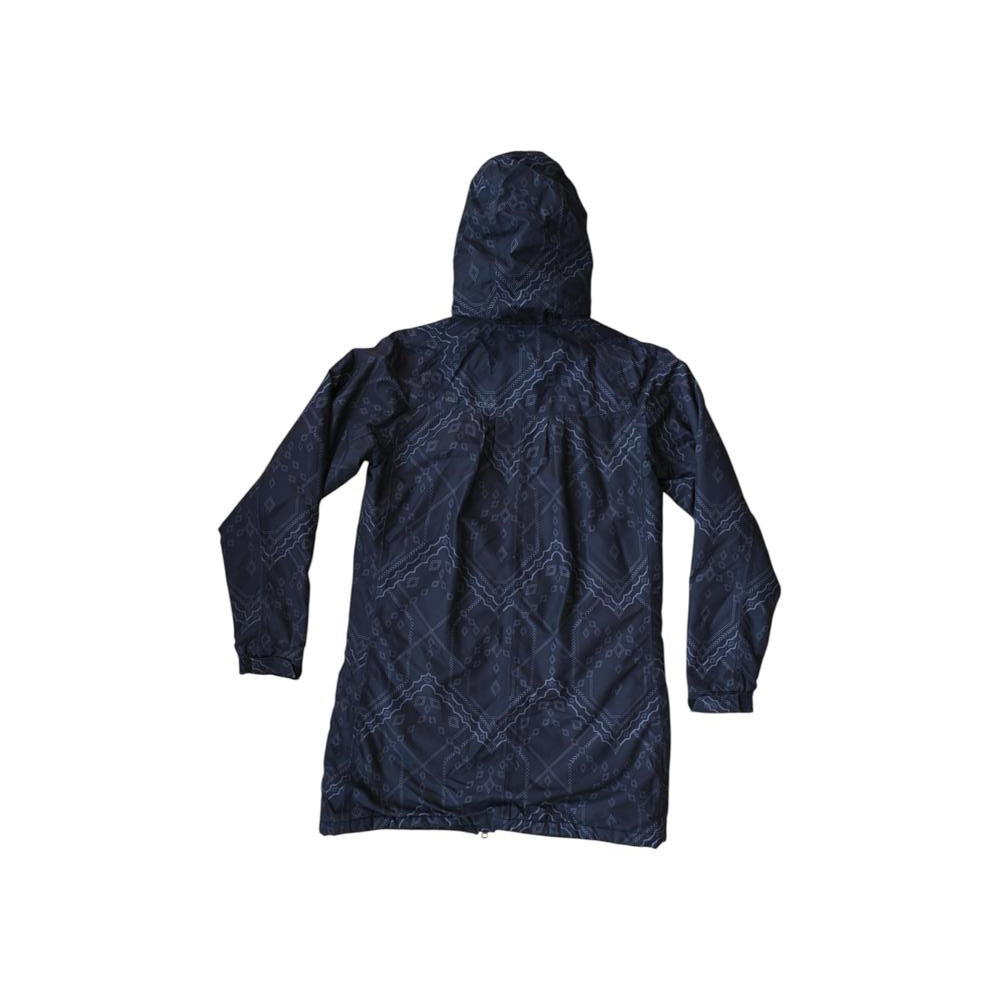 Black patterned jacket by Helly Hansen with long sleeves and a hood, shown from the back.