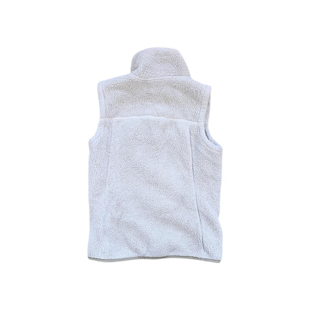 White fleece vest by North Face, back view with a high collar and soft, textured fabric.