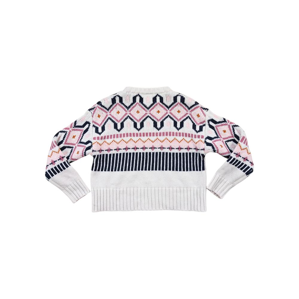 Patterned knit sweater by Kari Traa with zigzag, stripe, and diamond motifs.