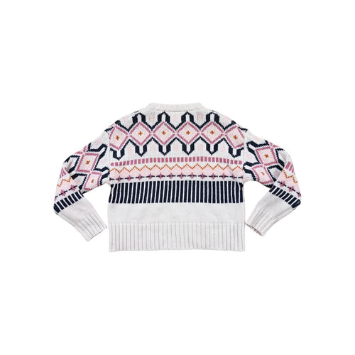 Patterned knit sweater by Kari Traa with zigzag, stripe, and diamond motifs.