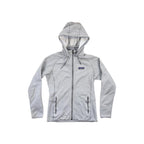 Gray fleece hoody by Patagonia with a full zipper and front pockets.