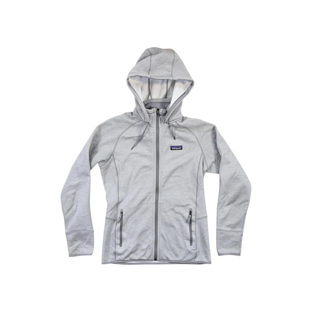Gray fleece hoody by Patagonia with a full zipper and front pockets.