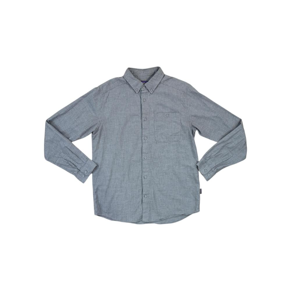 Gray long-sleeve shirt by Patagonia with a button-down collar, chest pocket, and subtle heathered texture.