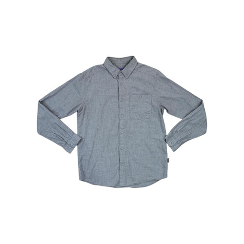 Gray long-sleeve shirt by Patagonia with a button-down collar, chest pocket, and subtle heathered texture.