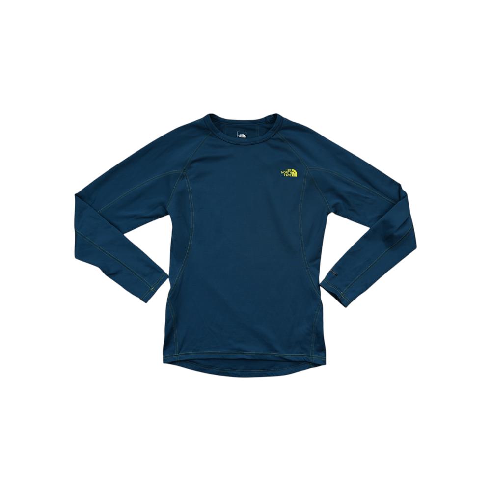 Blue Flashdry base layer shirt by North Face, with long sleeves and yellow stitching accents.