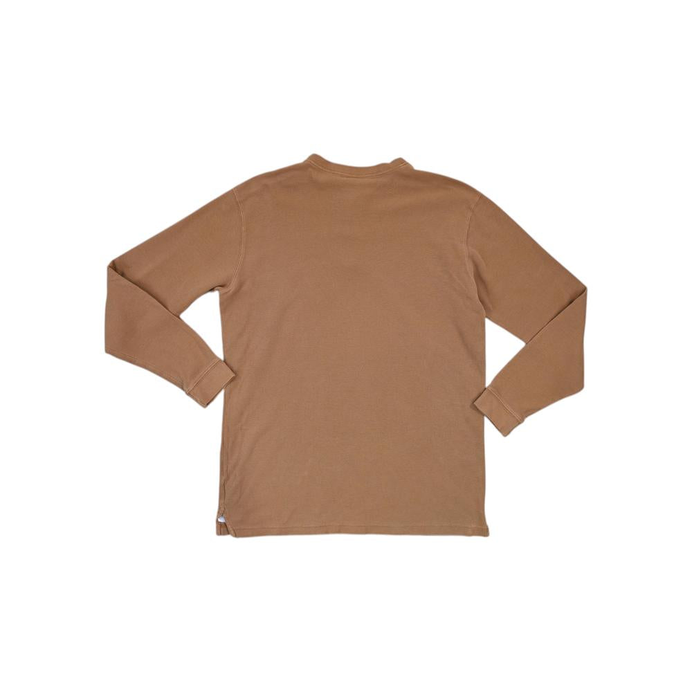 Tan long-sleeve Henley thermal shirt by Carhartt, shown in a back view.