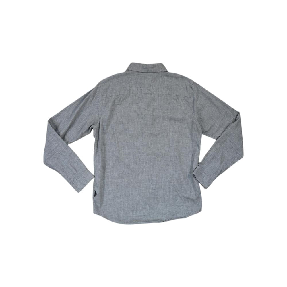 Gray cotton long sleeve shirt by Patagonia, shown from the back.