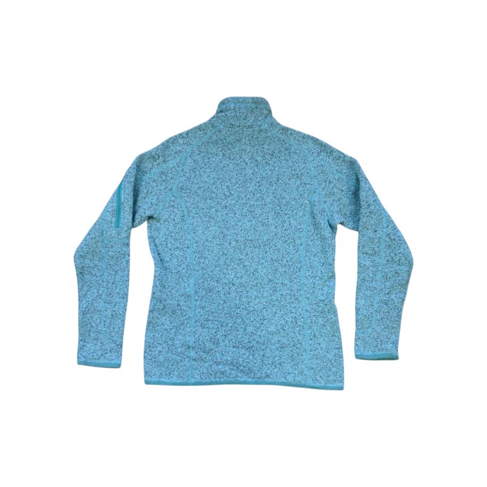 Teal sweater fleece by Patagonia with quarter zip closure and long sleeves.
