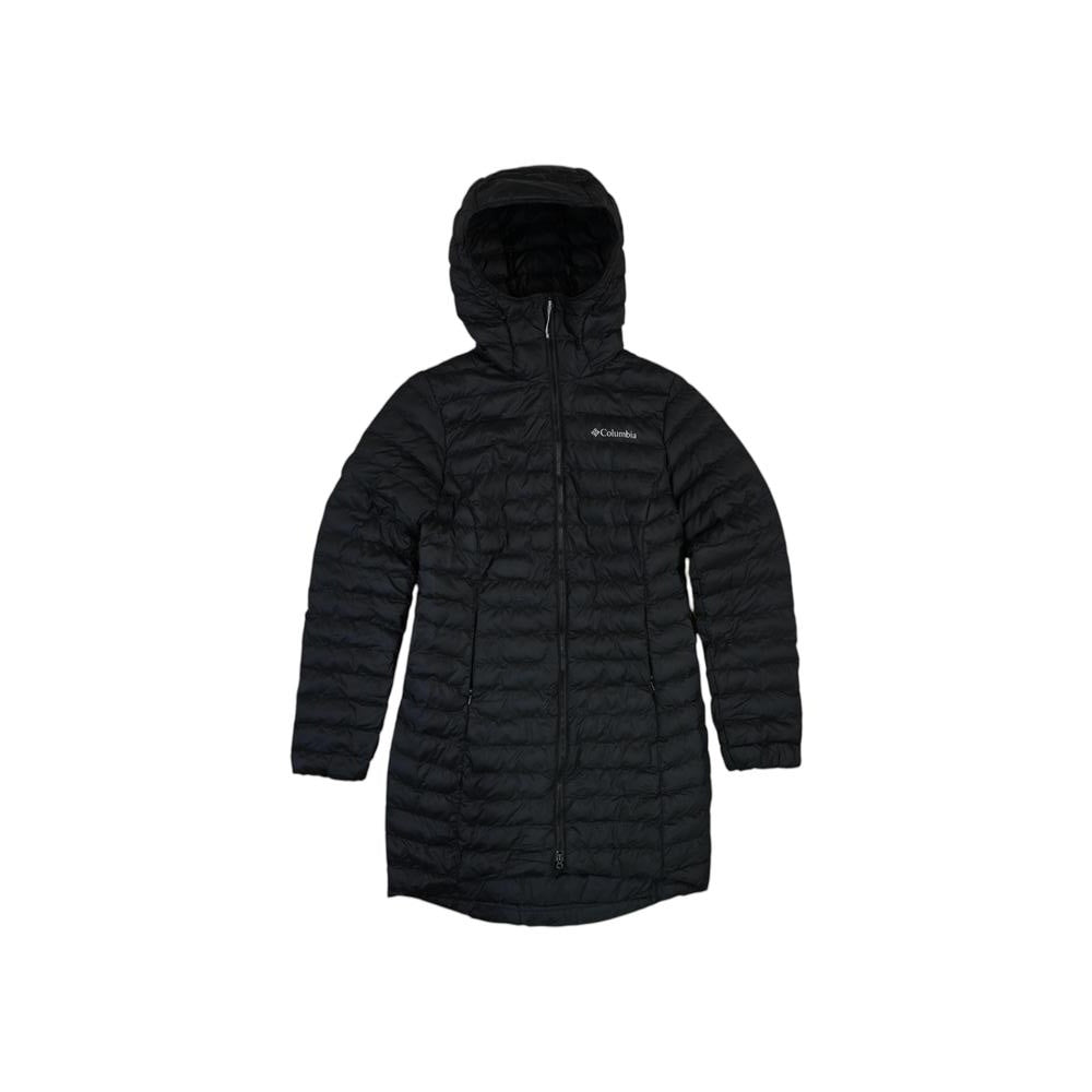 Black insulated parka jacket for women by Columbia with a quilted pattern and a hood.