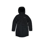 Black insulated parka jacket for women by Columbia with a quilted pattern and a hood.