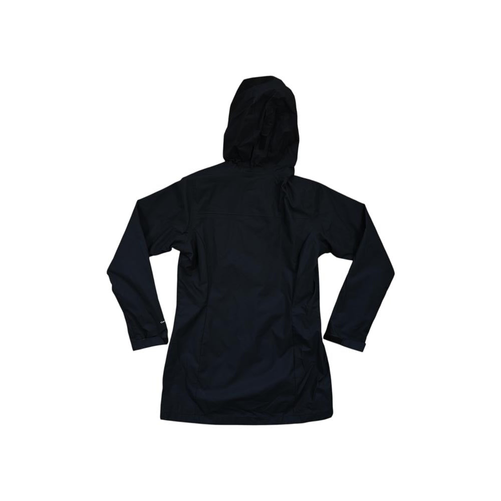 Black trench rain shell jacket by Columbia, shown from the back with attached hood.