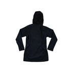 Black trench rain shell jacket by Columbia, shown from the back with attached hood.