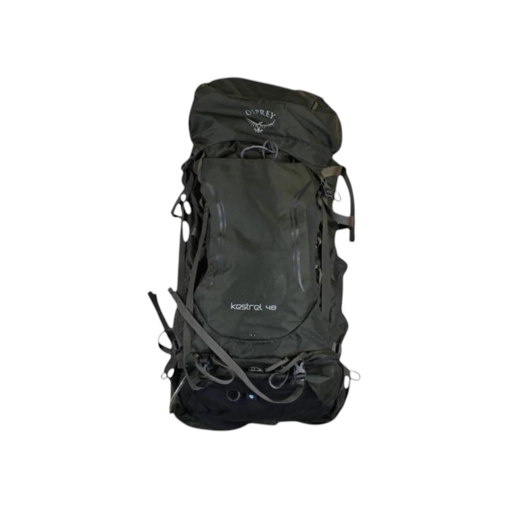 Grey Kestral 48 backpack by Osprey with compression straps and external attachment points.