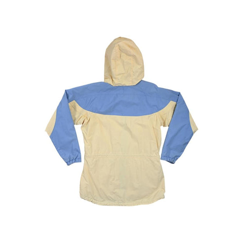 Cream and blue windbreaker softshell jacket by Columbia, in a vintage style with a hood.