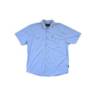 Light blue short-sleeve shirt by Howler Bros featuring western-style pockets and snap closures.