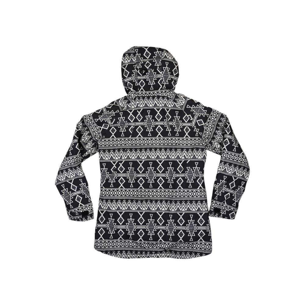 Black Gore-Tex ski jacket by Burton with geometric pattern and a hood, back view.