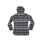 Black Gore-Tex ski jacket by Burton with geometric pattern and a hood, back view.
