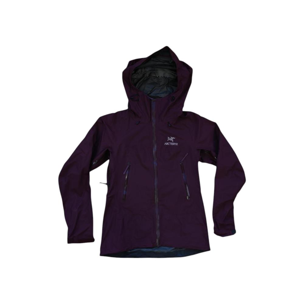 Maroon rain shell jacket for women by Arcteryx with a full hood and front zipper closure.