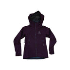 Maroon rain shell jacket for women by Arcteryx with a full hood and front zipper closure.