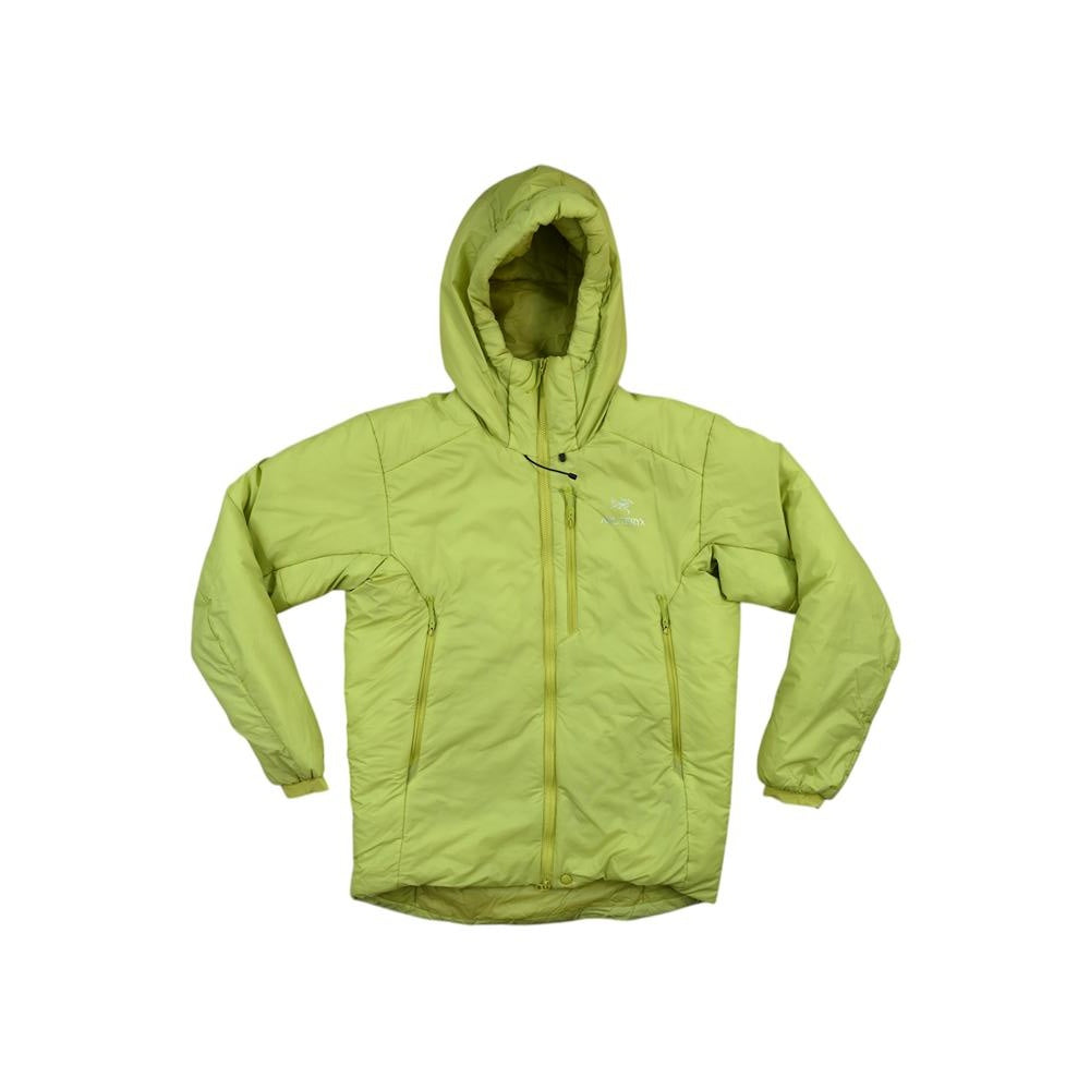 Yellow insulated parka jacket by Arcteryx, featuring a hooded neckline and full zip closure.