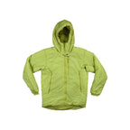 Yellow insulated parka jacket by Arcteryx, featuring a hooded neckline and full zip closure.