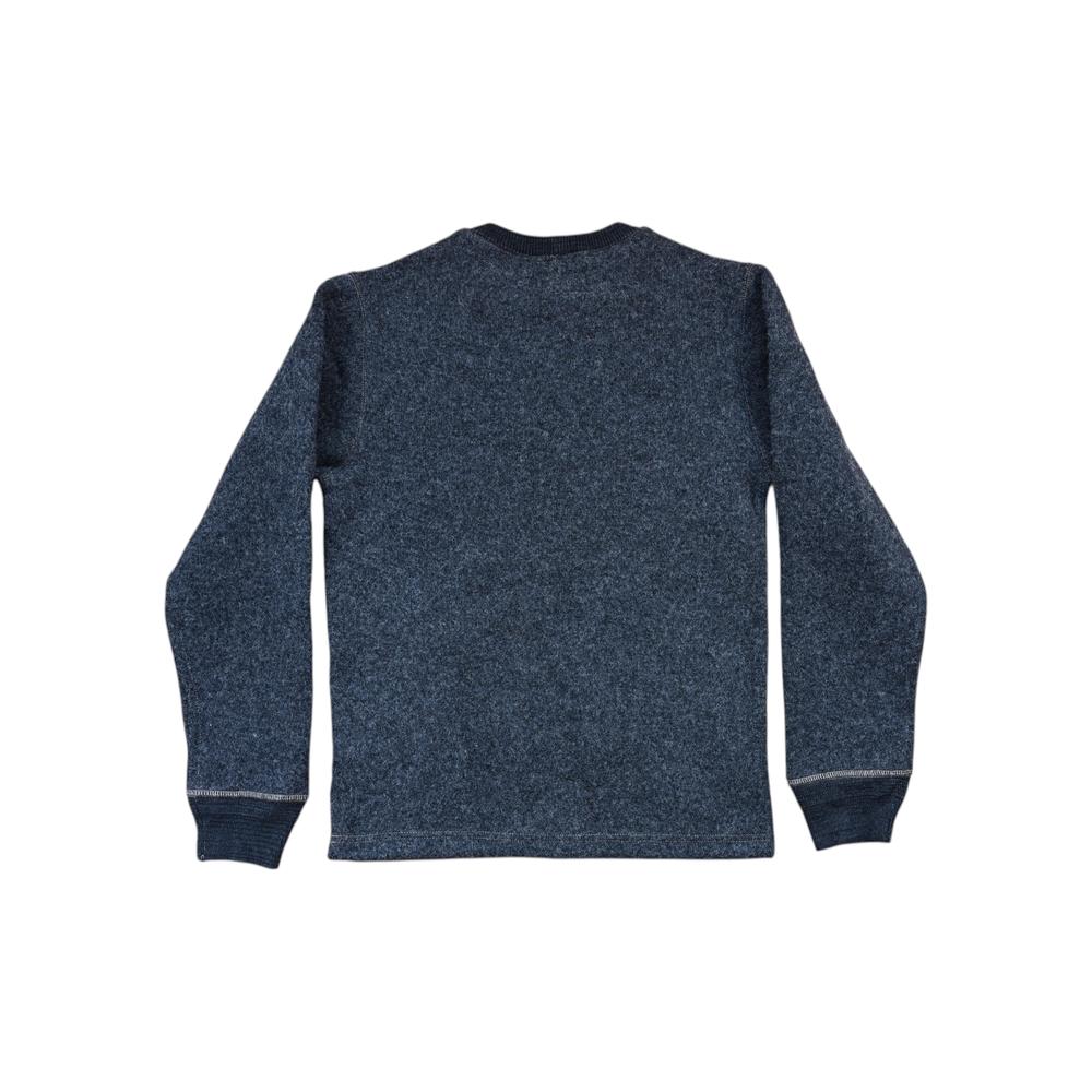 Grey wool sweater by Filson, back view, with long sleeves and ribbed cuffs and collar.