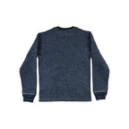 Grey wool sweater by Filson, back view, with long sleeves and ribbed cuffs and collar.