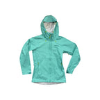 Green rain shell jacket by Patagonia with a hooded neckline and a full zipper.