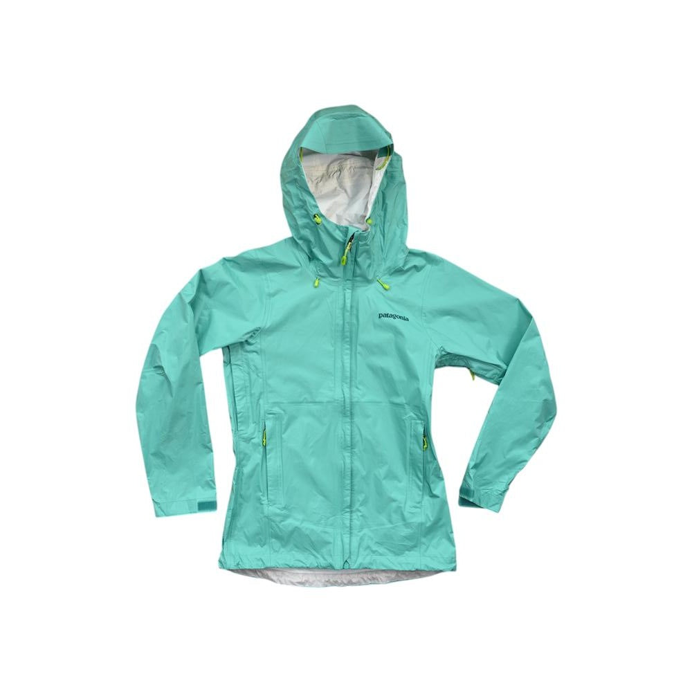 Green rain shell jacket by Patagonia with a hooded neckline and a full zipper.